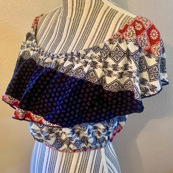 Topia Crop Top Med Ruffled Flutter Sleeves Red White Navy Blue Boho Off Shoulder - Picture 6 of 13